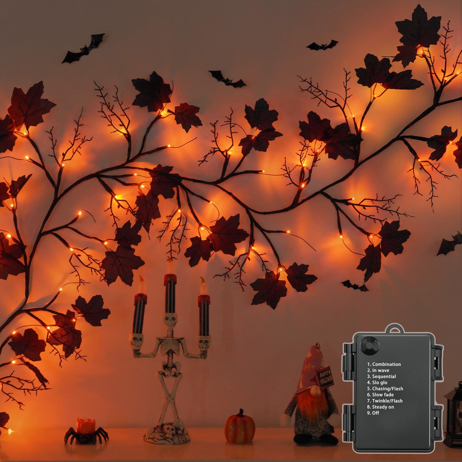 9 FT 72 LED Halloween Decorations Willow Vine Twig Decor with Orange Purple Lights and Dead Branches Black Leaves -Battery Operated 8 Modes for Indoor Wall Fireplace Halloween Decorations